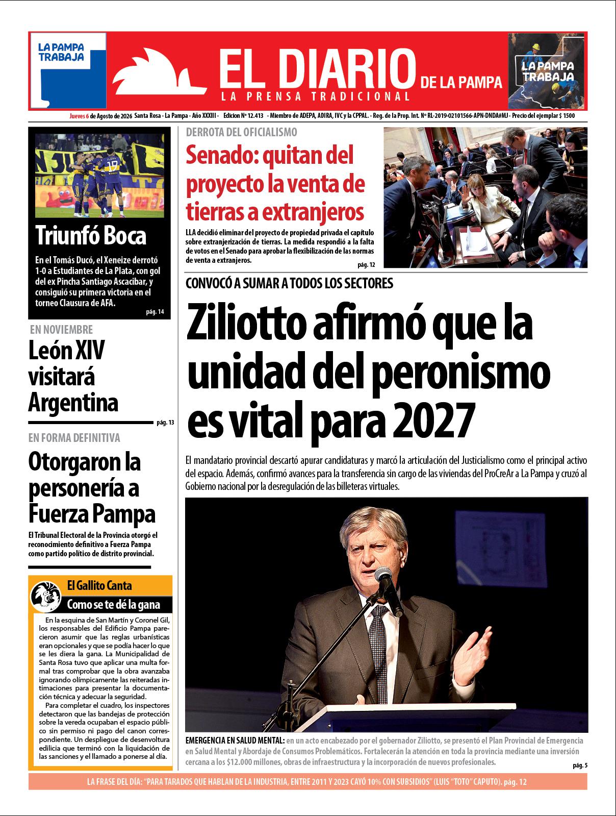 Tapa de El Diario en papel  jueves 06 de agosto de 2026